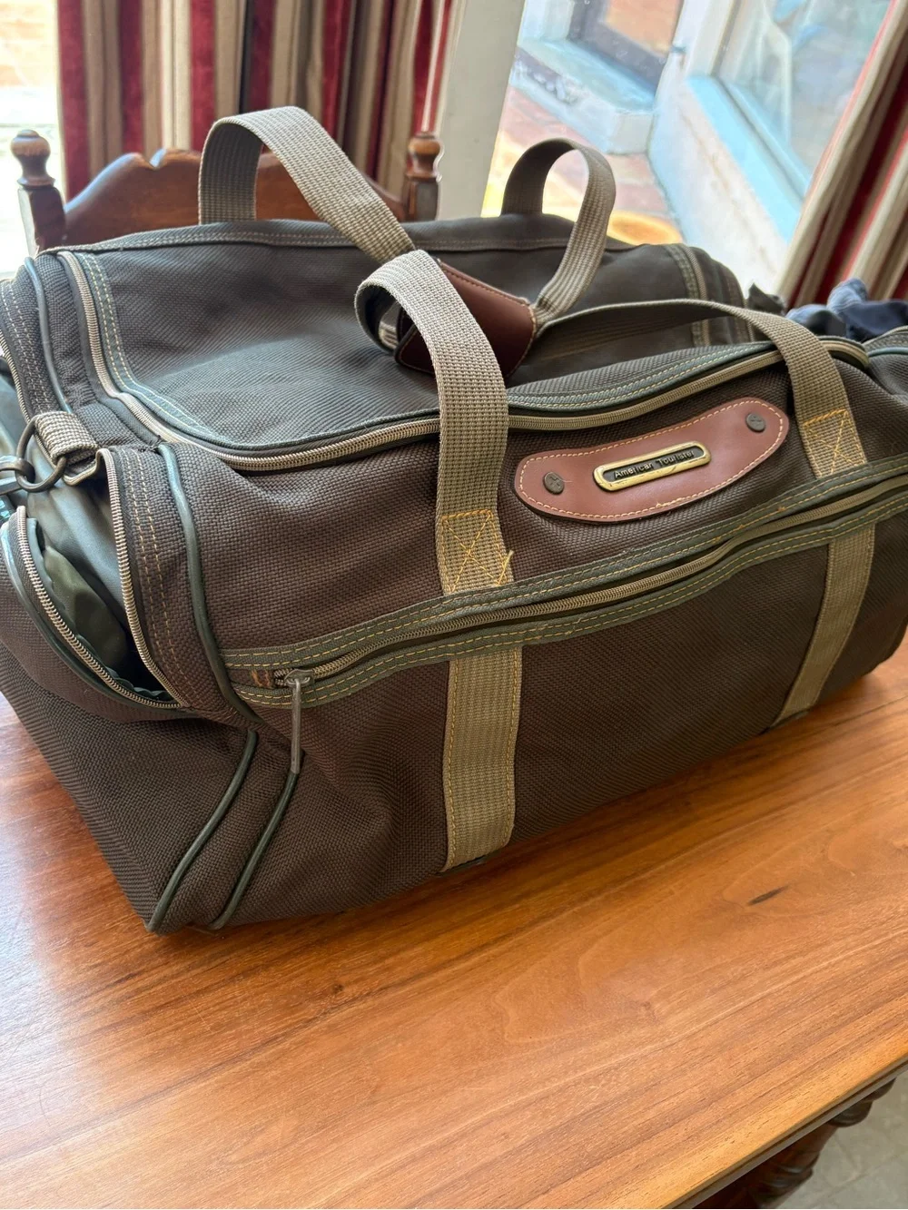American tourist, vintage Olive Green Canvas Duffel Bag with Brown leather trim